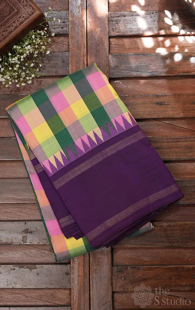 Paalum pazhamum checked kanchi silk saree with purple korvai border