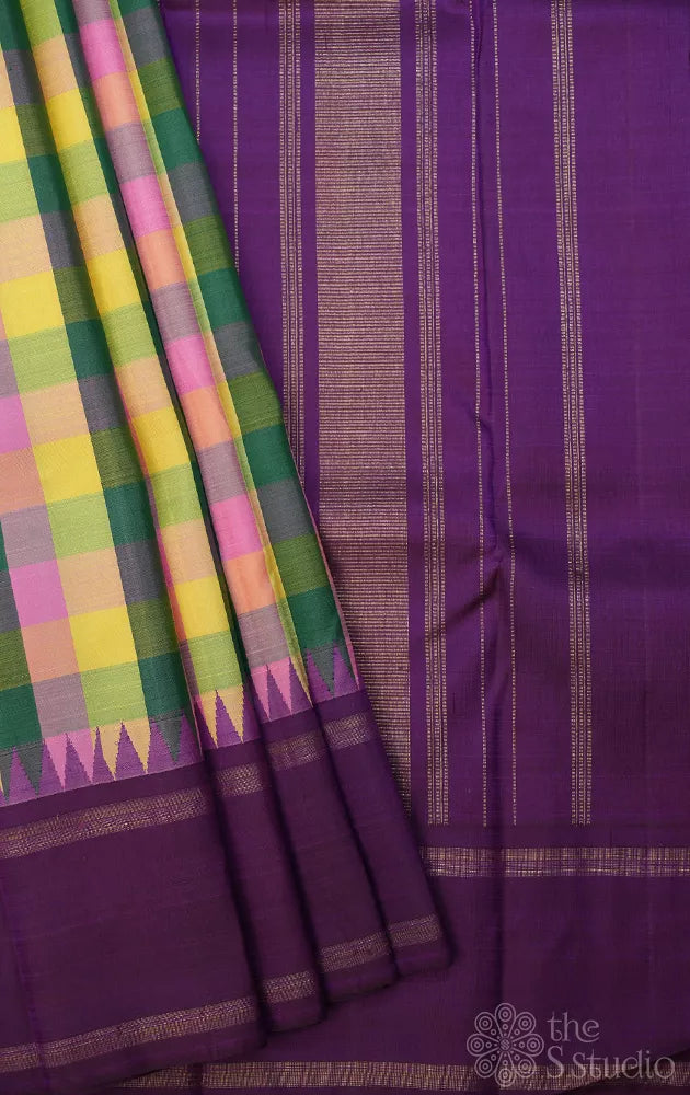 Paalum pazhamum checked kanchi silk saree with purple korvai border