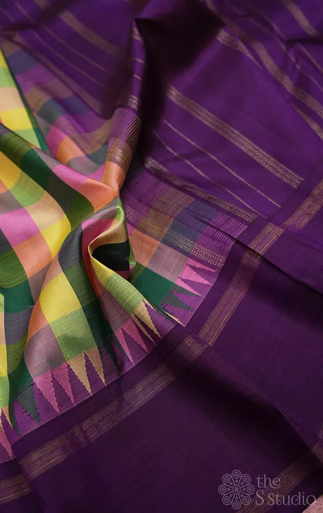 Paalum pazhamum checked kanchi silk saree with purple korvai border