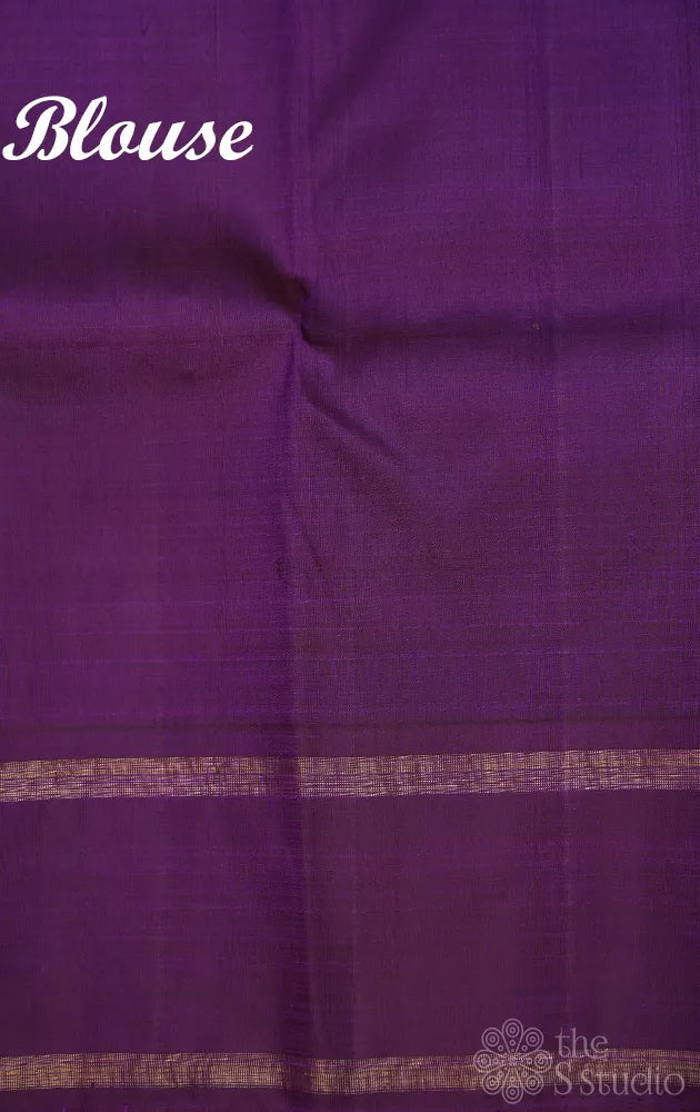 Paalum pazhamum checked kanchi silk saree with purple korvai border