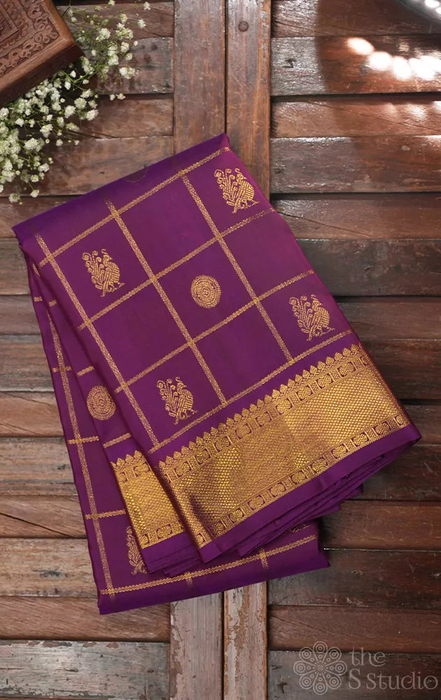 Purple zari checked kanchi silk saree with self zari border