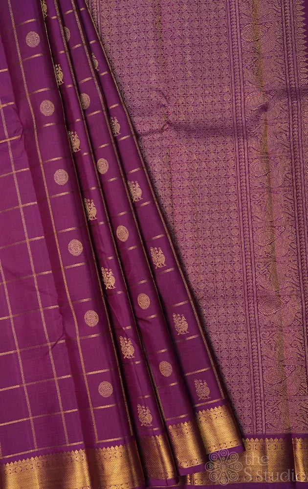 Purple zari checked kanchi silk saree with self zari border