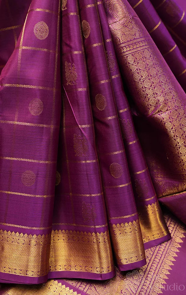 Purple zari checked kanchi silk saree with self zari border