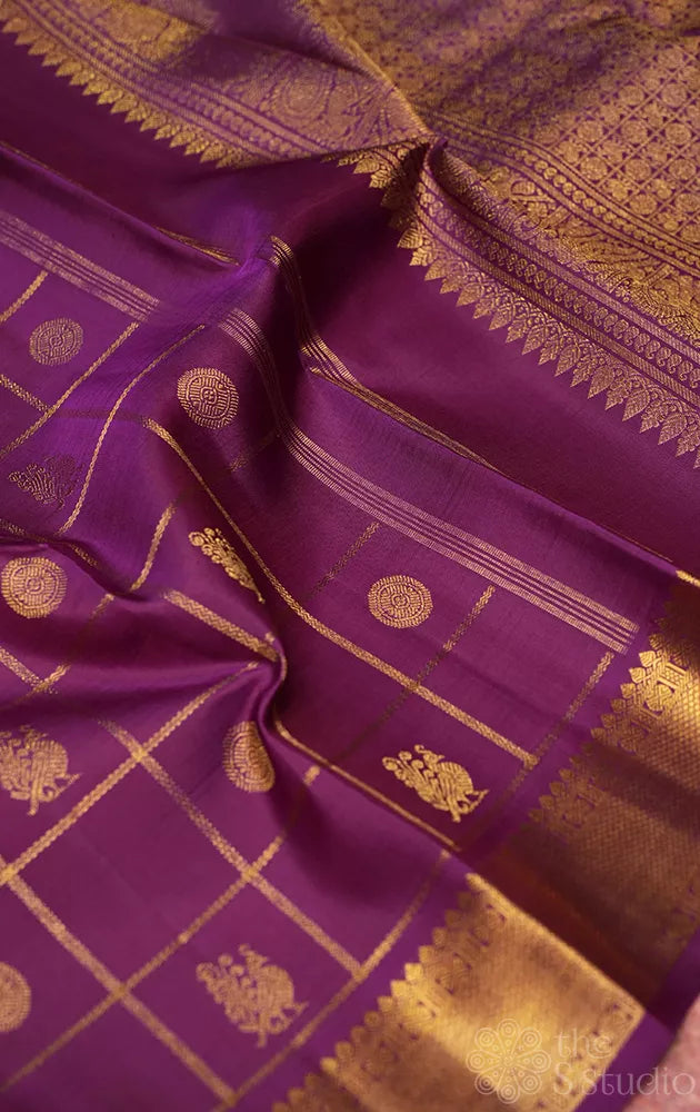 Purple zari checked kanchi silk saree with self zari border