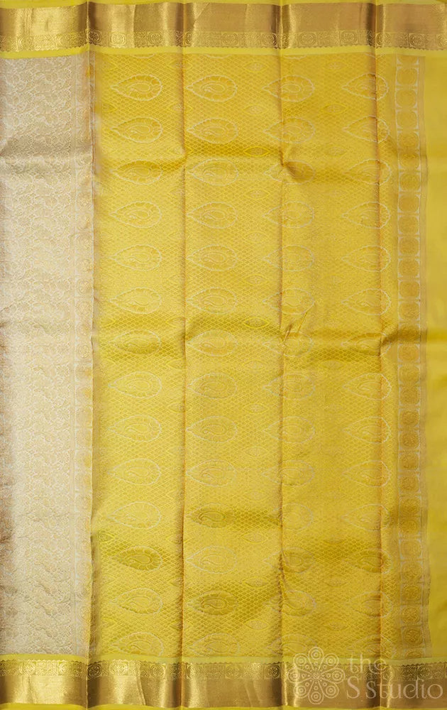 Off white soft silk saree with yellow zari border