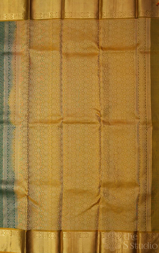 Green soft silk saree with mustard zari border