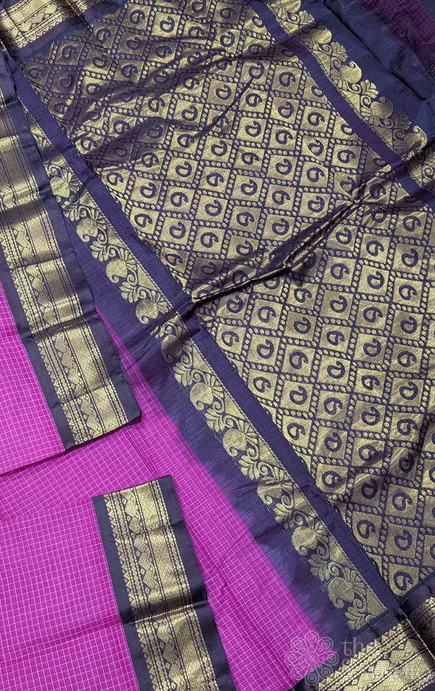 Magenta gadwal cotton saree with checks and brown pallu