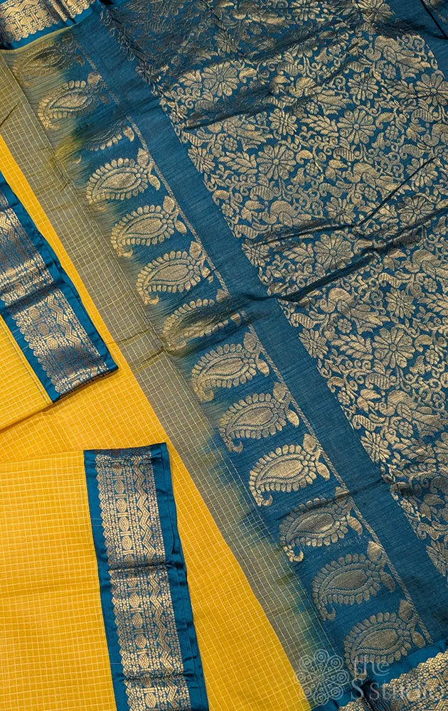 Yellow gadwal cotton saree with checks and teal blue border