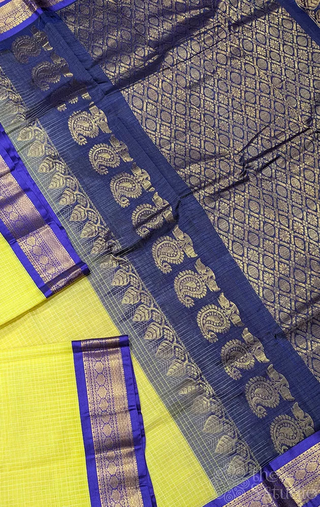 Lemon yellow gadwal cotton saree with checks and violet border