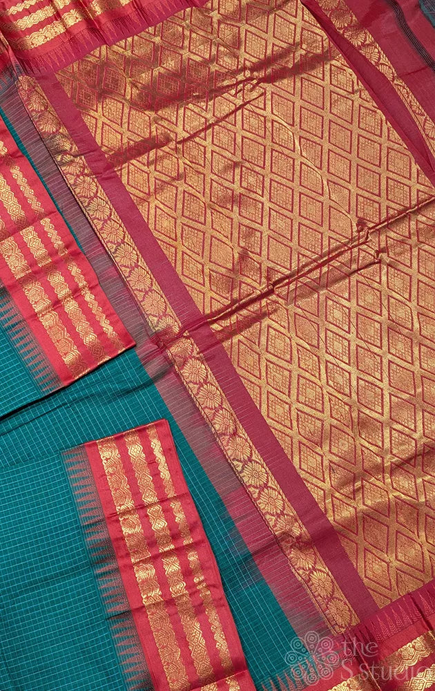Teal green checked gadwal cotton saree with red varisaipet border