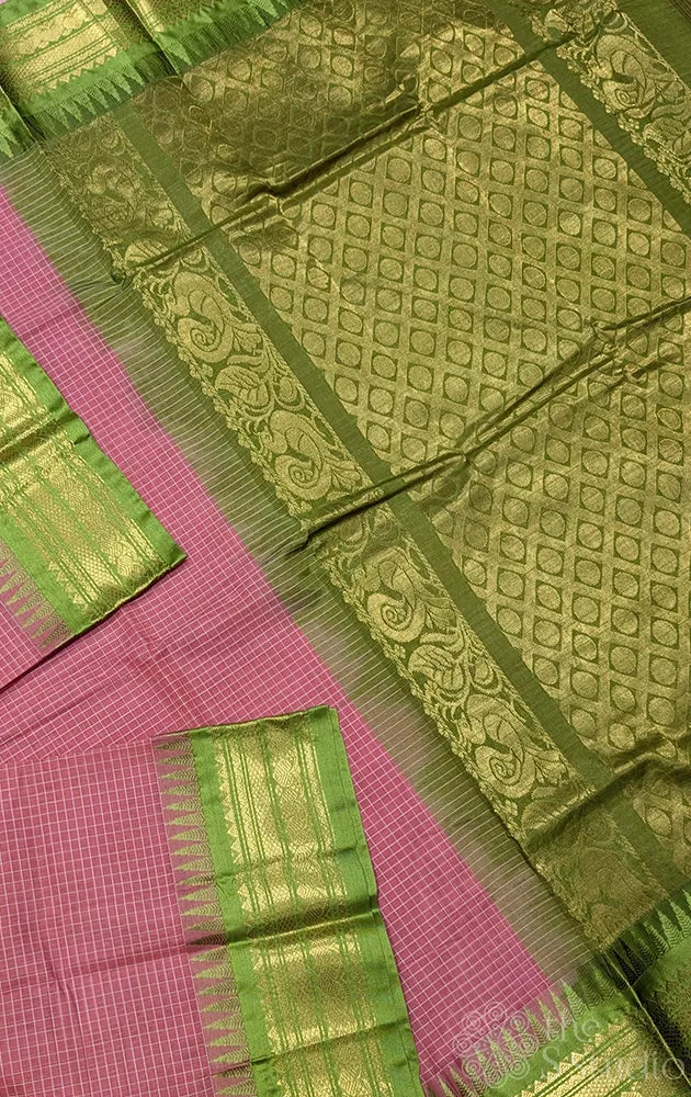 Peach gadwal cotton saree with light green temple border and pallu