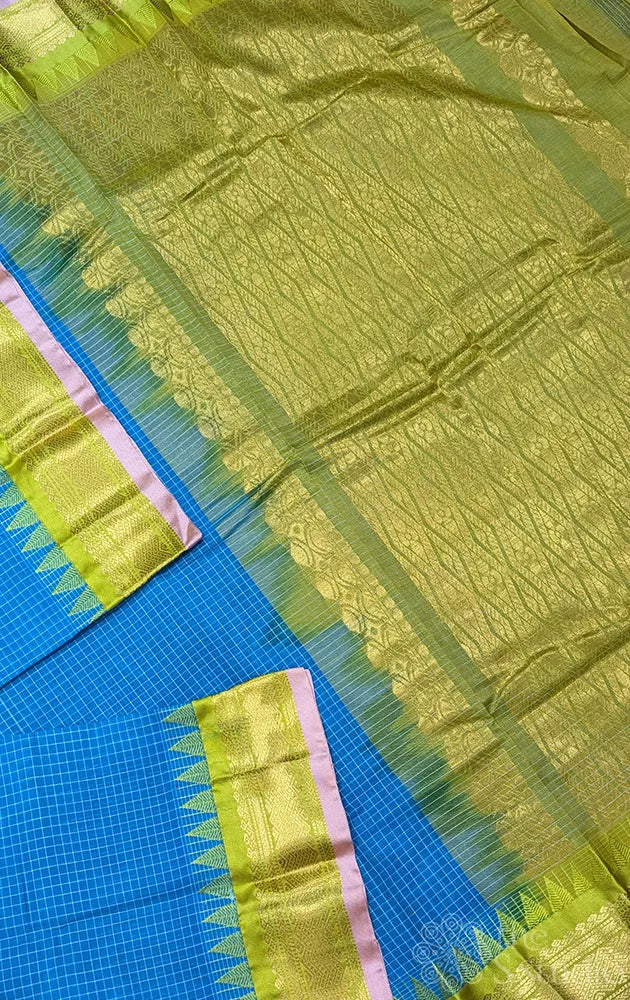 Anandha blue checked gadwal cotton saree with light green temple border