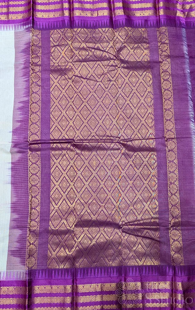 Off white gadwal cotton saree with checks and purple temple border