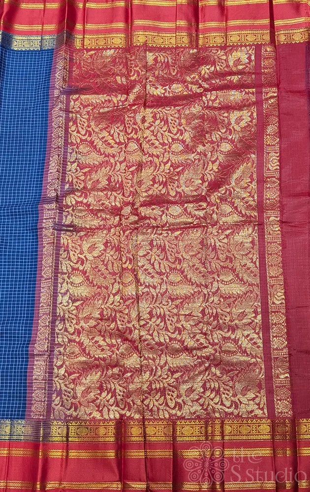 Navy blue gadwal cotton saree with checks and red border