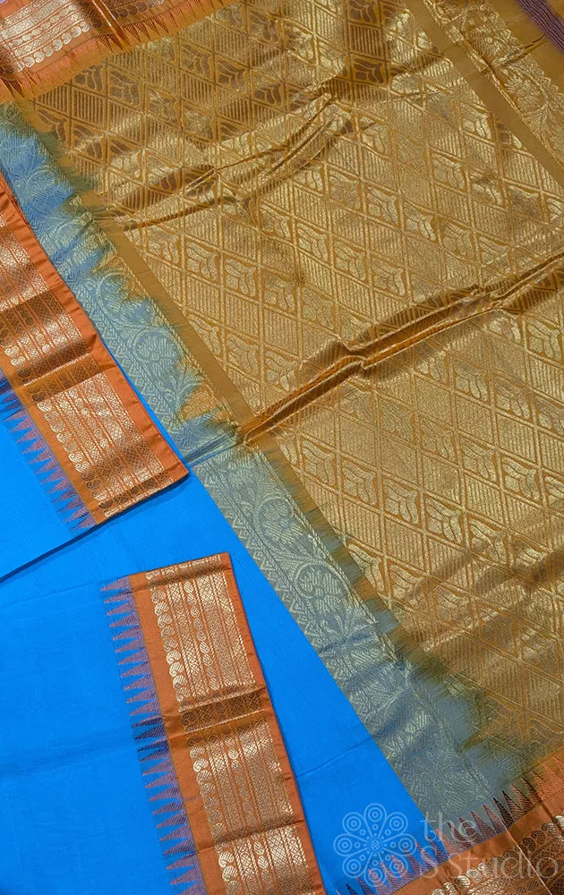 Anandha blue gadwal cotton saree with orange zari border
