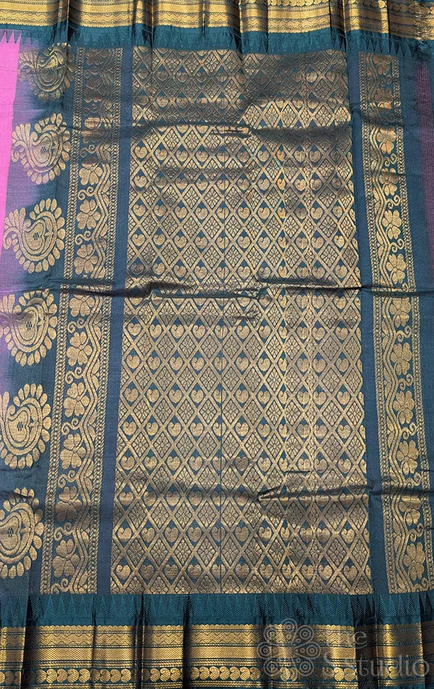 Pink gadwal cotton saree with dark green temple border