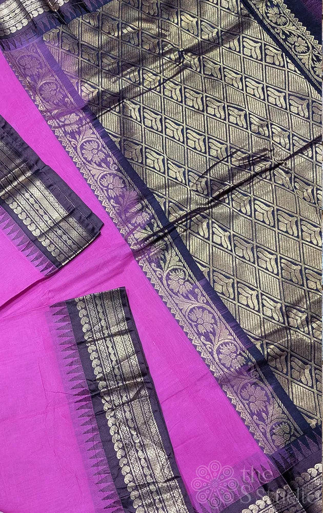 Dark pink gadwal cotton saree with brown zari border
