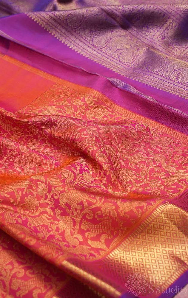Peach kanchi silk saree with vanasingharam design and getti border