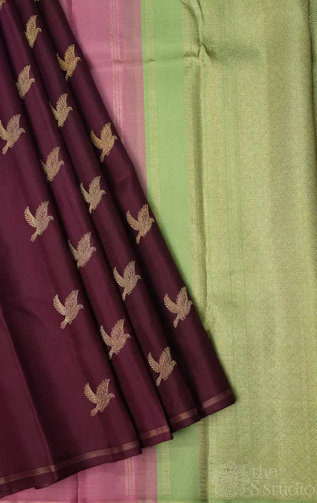 Paaku colour kanjivaram silk saree with double pallu