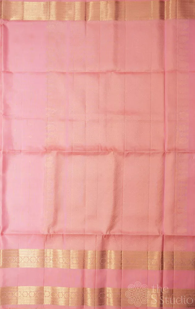 Bubble gum pink soft silk saree with zari rettaipet border