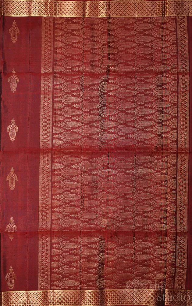 Maroon soft silk saree with small zari border