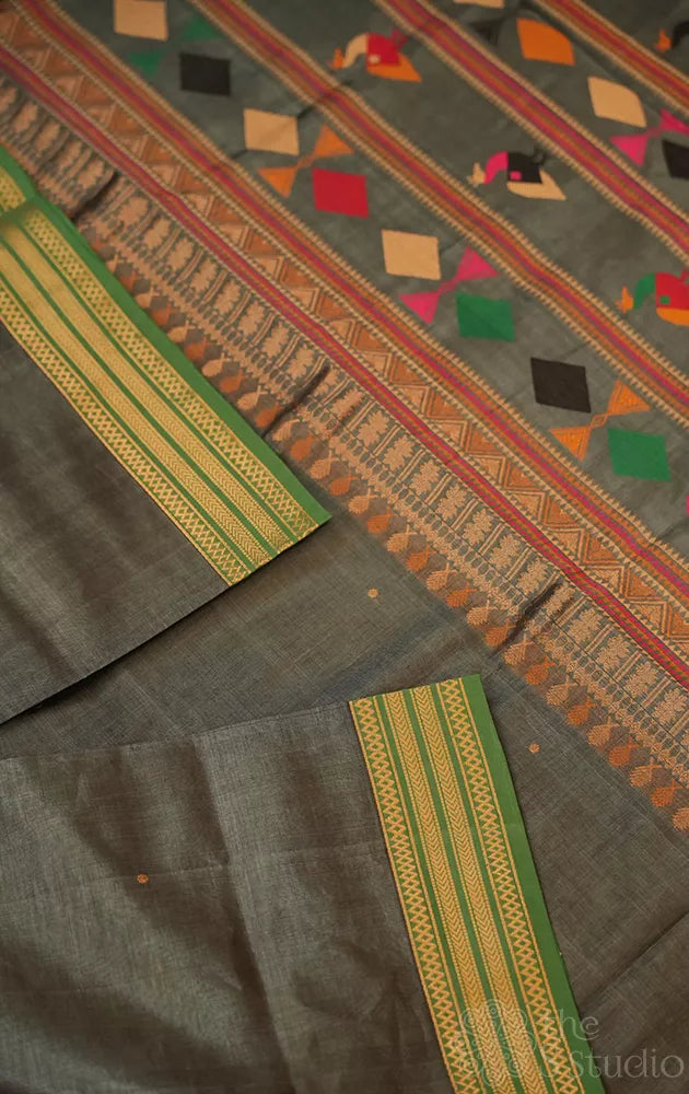 Greyish green with small border silk cotton saree with bomkai pallu