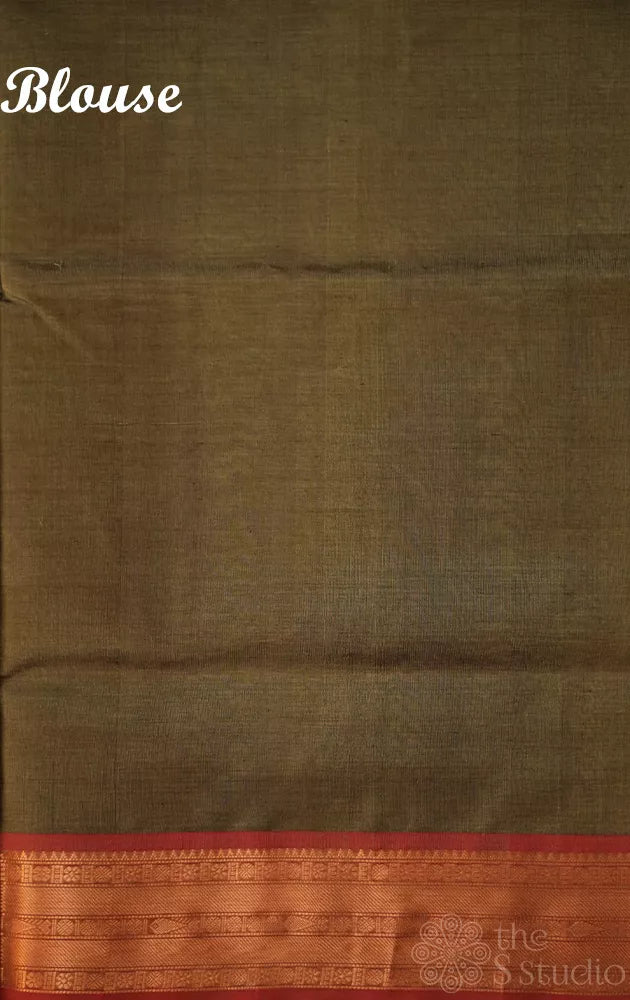 Sage green silk cotton saree with red small border with bomkai pallu