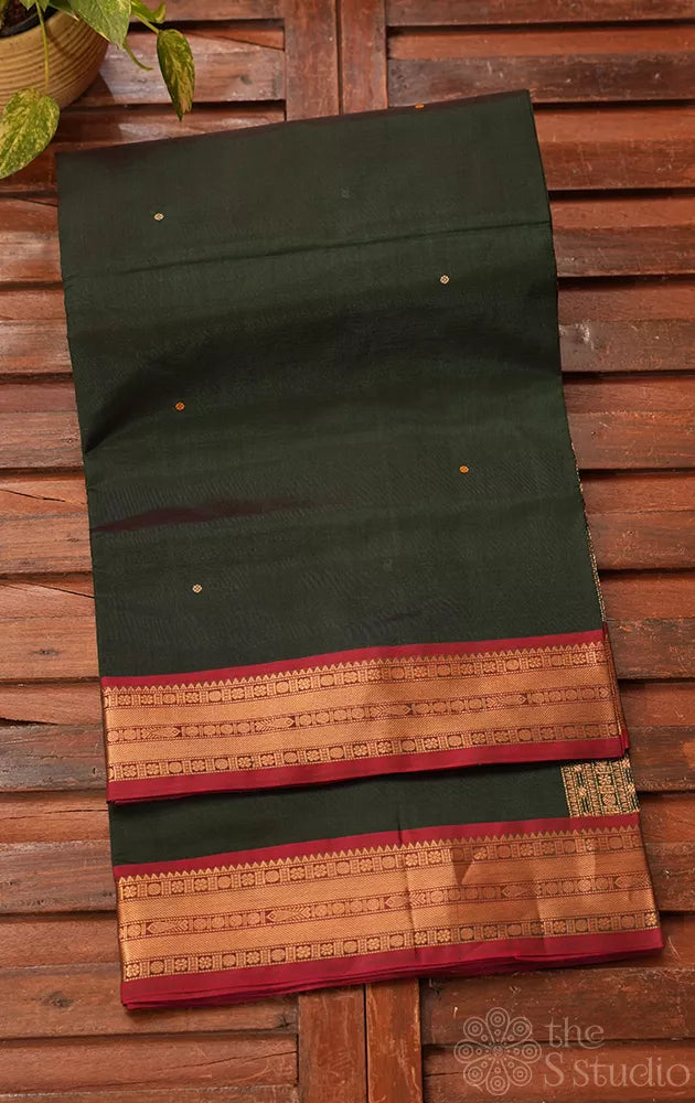 Green silk cotton saree with red zari border with bomkai pallu