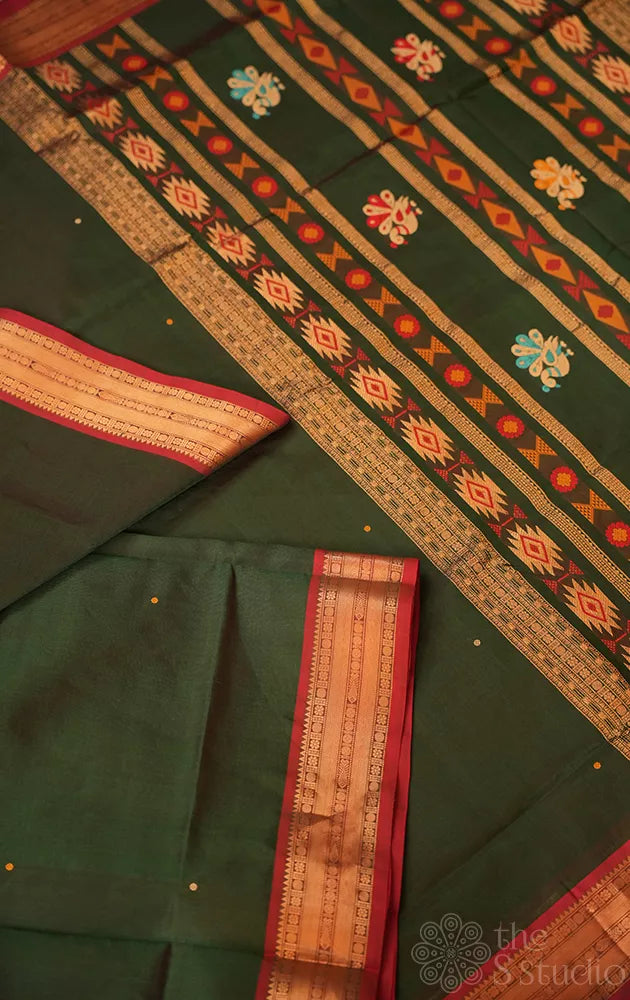 Green silk cotton saree with red zari border with bomkai pallu