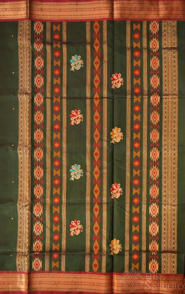 Green silk cotton saree with red zari border with bomkai pallu