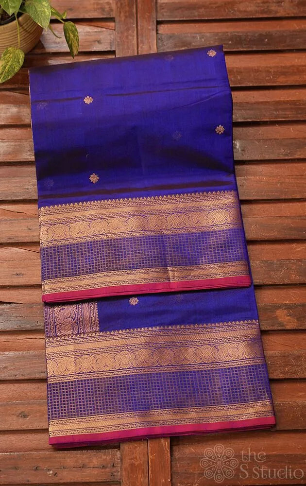 Royal blue silk cotton saree with rettaipet border