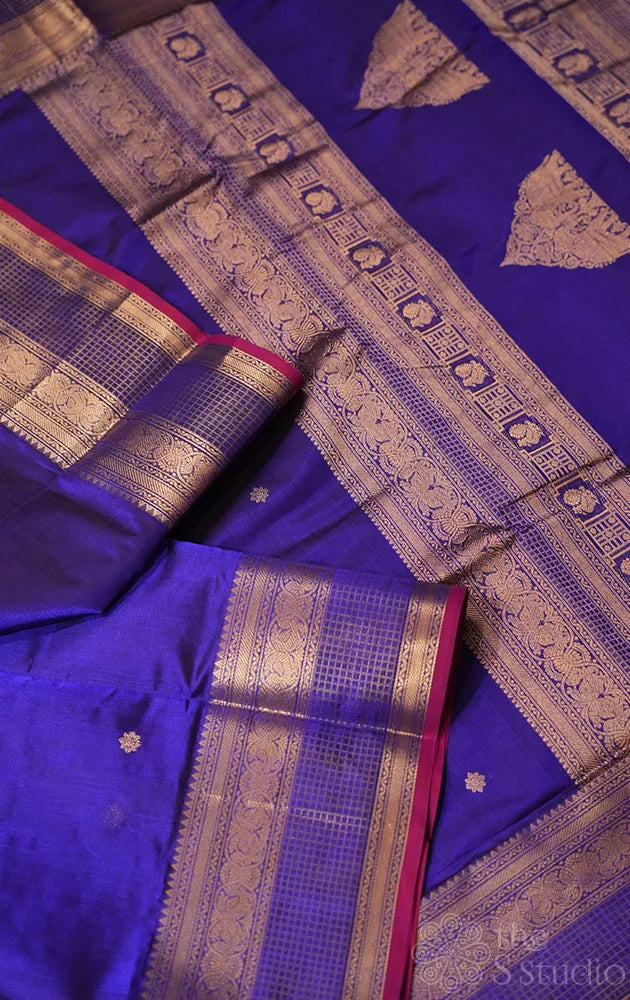 Royal blue silk cotton saree with rettaipet border