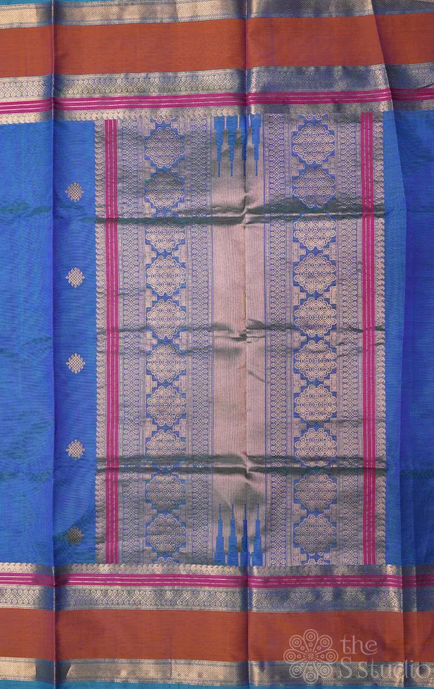 Peacock blue silk cotton saree with zari kolam butta