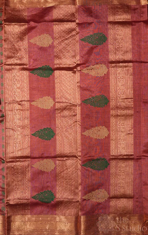 Mauve pink aayiram butta silk cotton saree with green selvedge