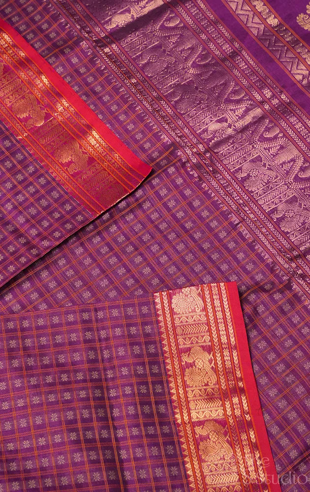 Purple lakshadeepam silk cotton saree with red border