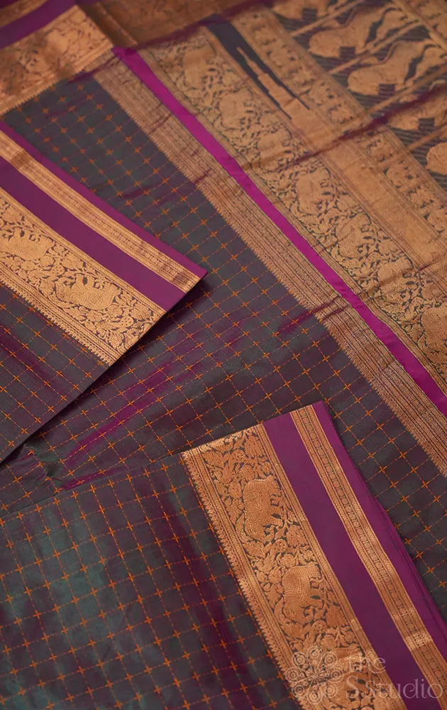 Lavender and blue threadwoven checks allover the saree