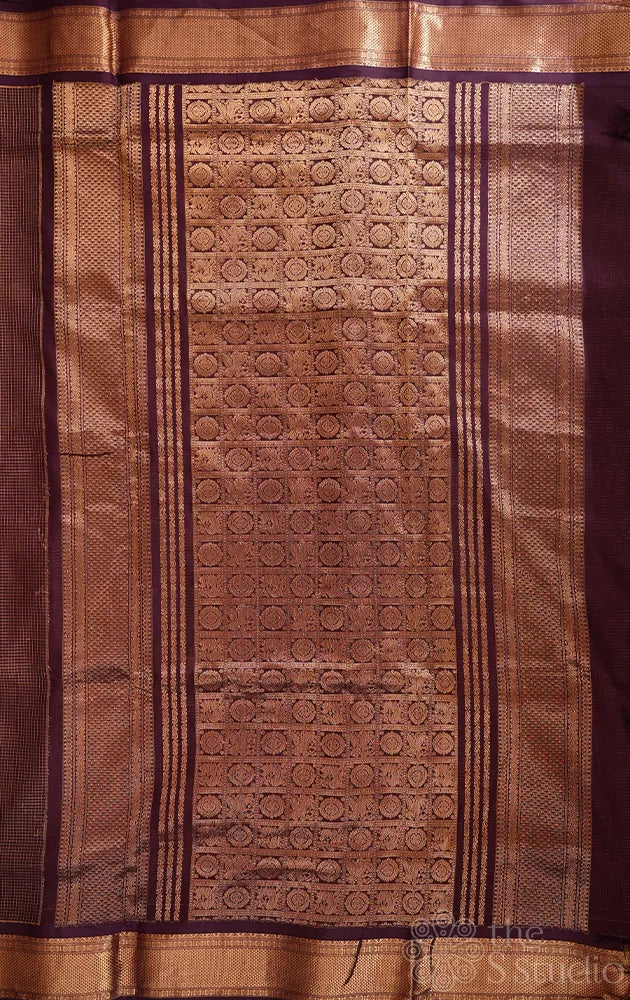 Deep purple vairaoosi checks ten yards silk cotton saree with zari rich pallu