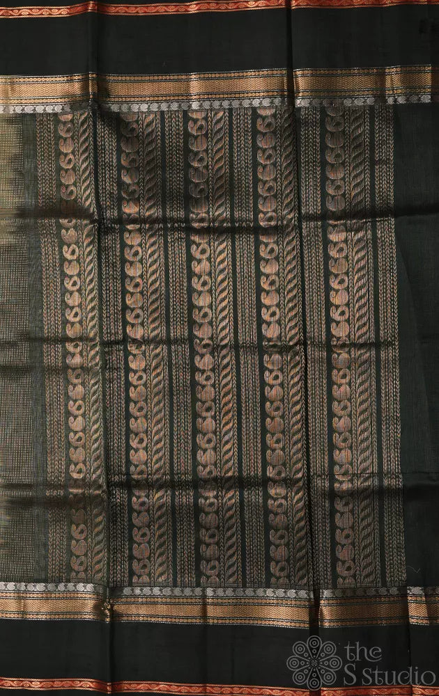 Cream colour checked silk cotton saree with dark bottle green korvai border