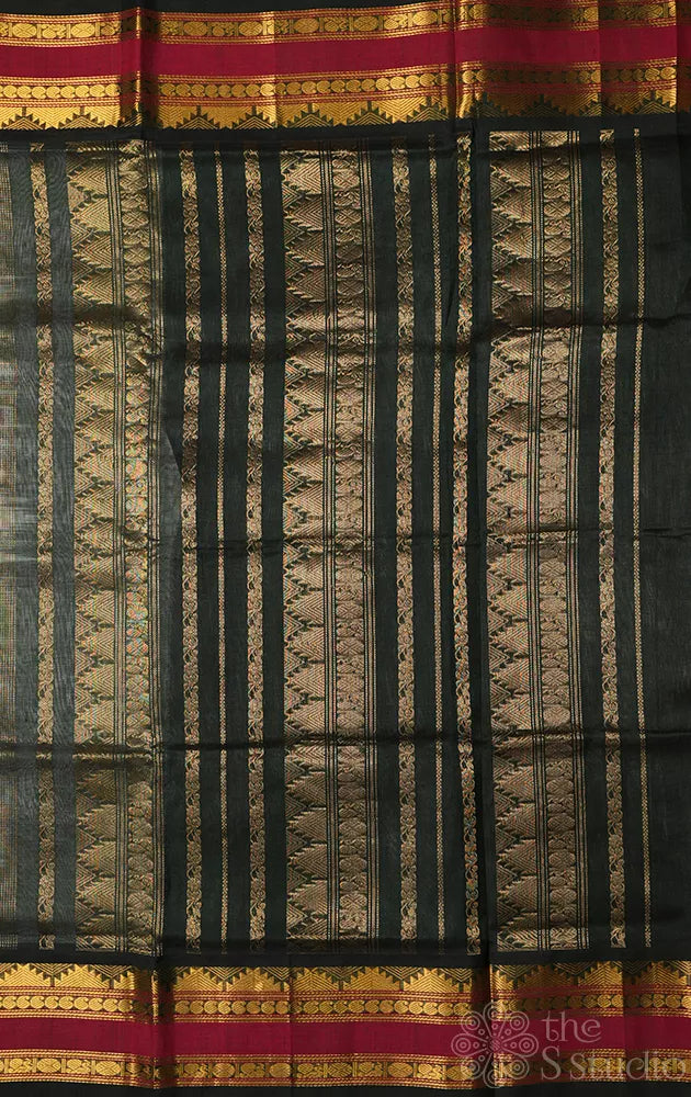 Elachi green plain silk cotton saree with korvai rettaipet border