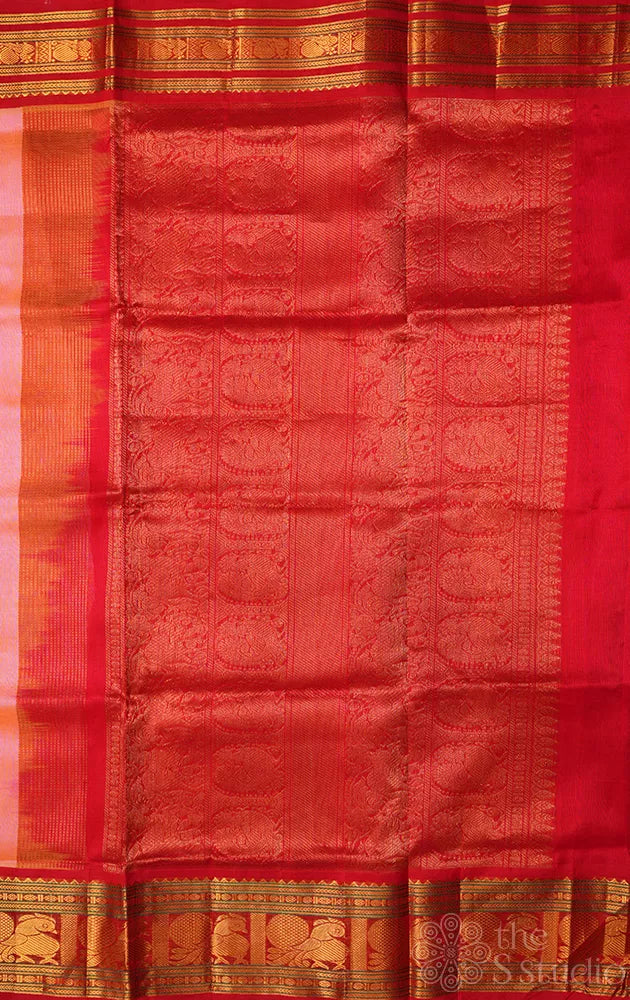 Light peach plain silk cotton saree with Red korvai border