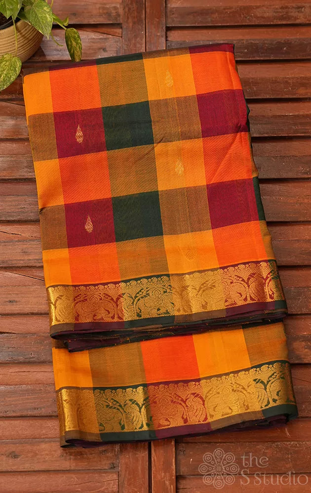 Paalum pazhamum checks ten yards silk cotton saree with red colour pallu
