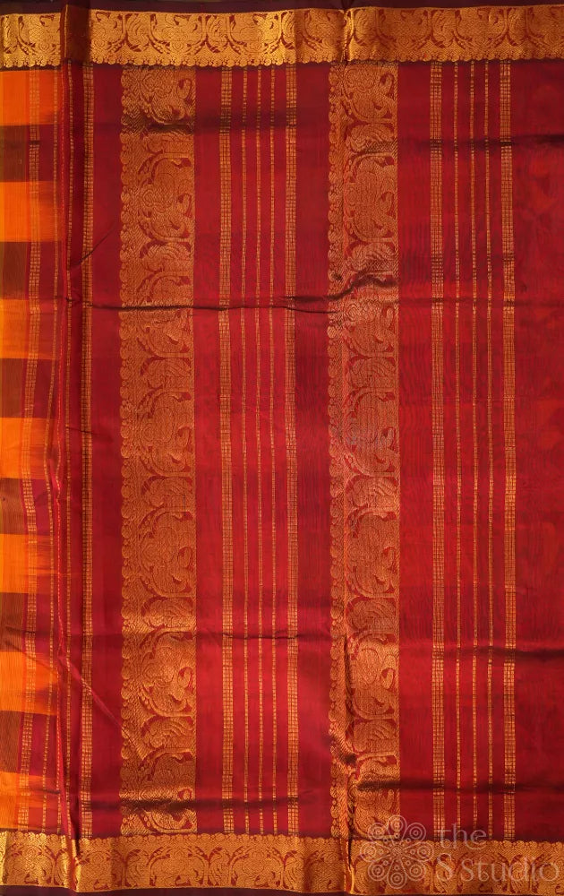 Paalum pazhamum checks ten yards silk cotton saree with red colour pallu