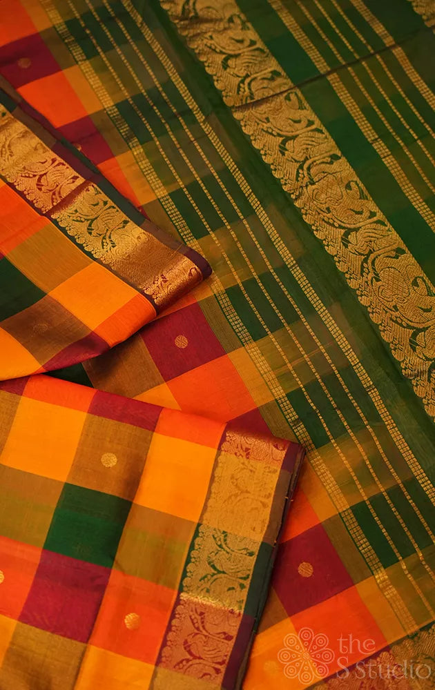 Paalum pazhamum checks ten yards silk cotton saree with zari border