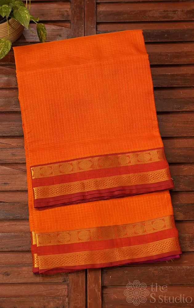 Orange zari checks ten yards silk cotton saree with rettaipet border