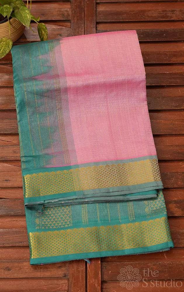 Light pink zari checks ten yards silk cotton saree with getti zari border