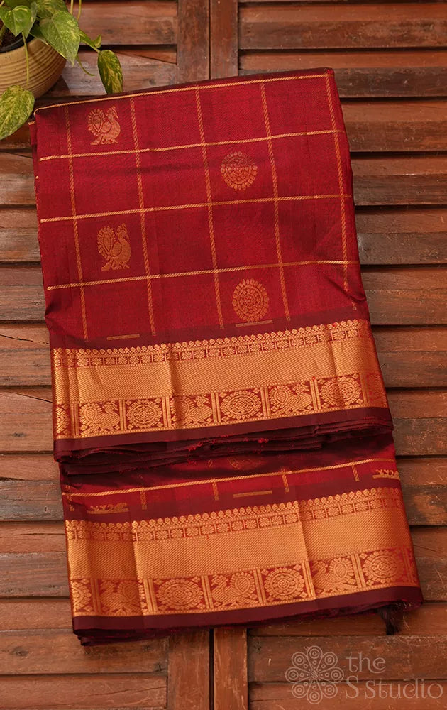 Maroon big checks ten yards silk cotton saree with zari rich pallu