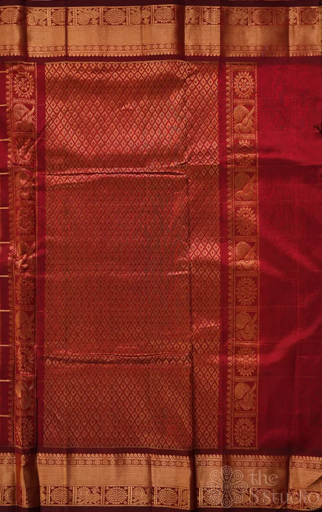 Maroon big checks ten yards silk cotton saree with zari rich pallu