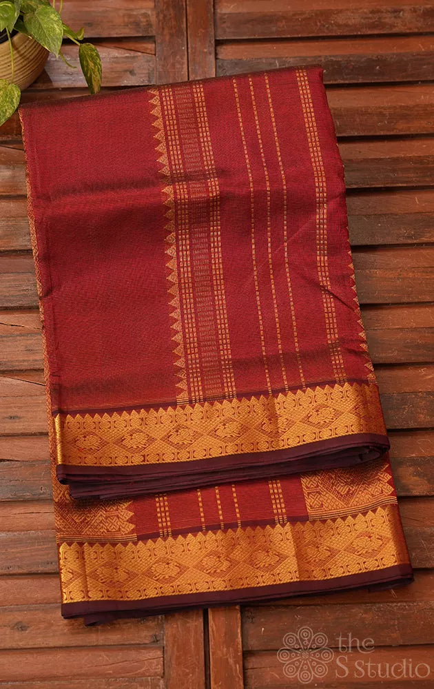 Maroon vairaoosi ten yards silk cotton saree with zari border
