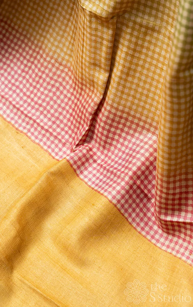 Mustard tussar silk saree with multicolour checks