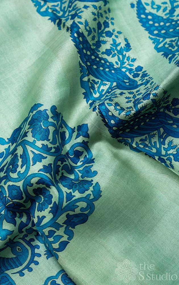 Light green tussar silk saree with blue prints
